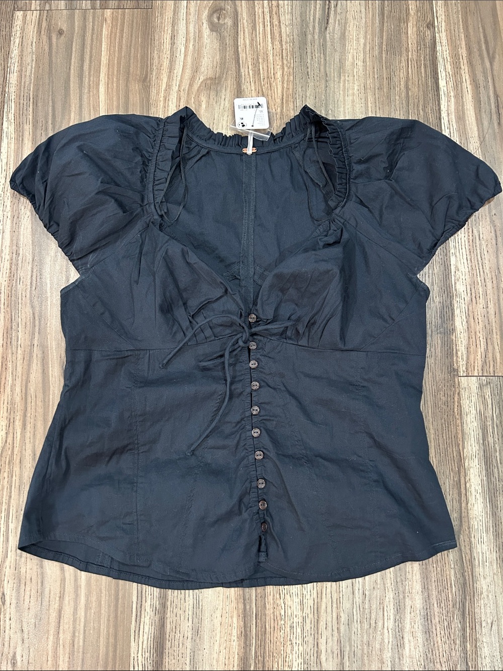 Free People Black Puff-Sleeve Button Front Top